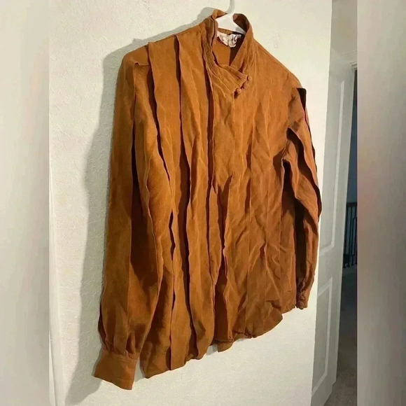 Madame de Saint Gil Vintage Caramel Brown Layered Silk Long Sleeve Blouse Sz 40 - Picture 3 of 8
